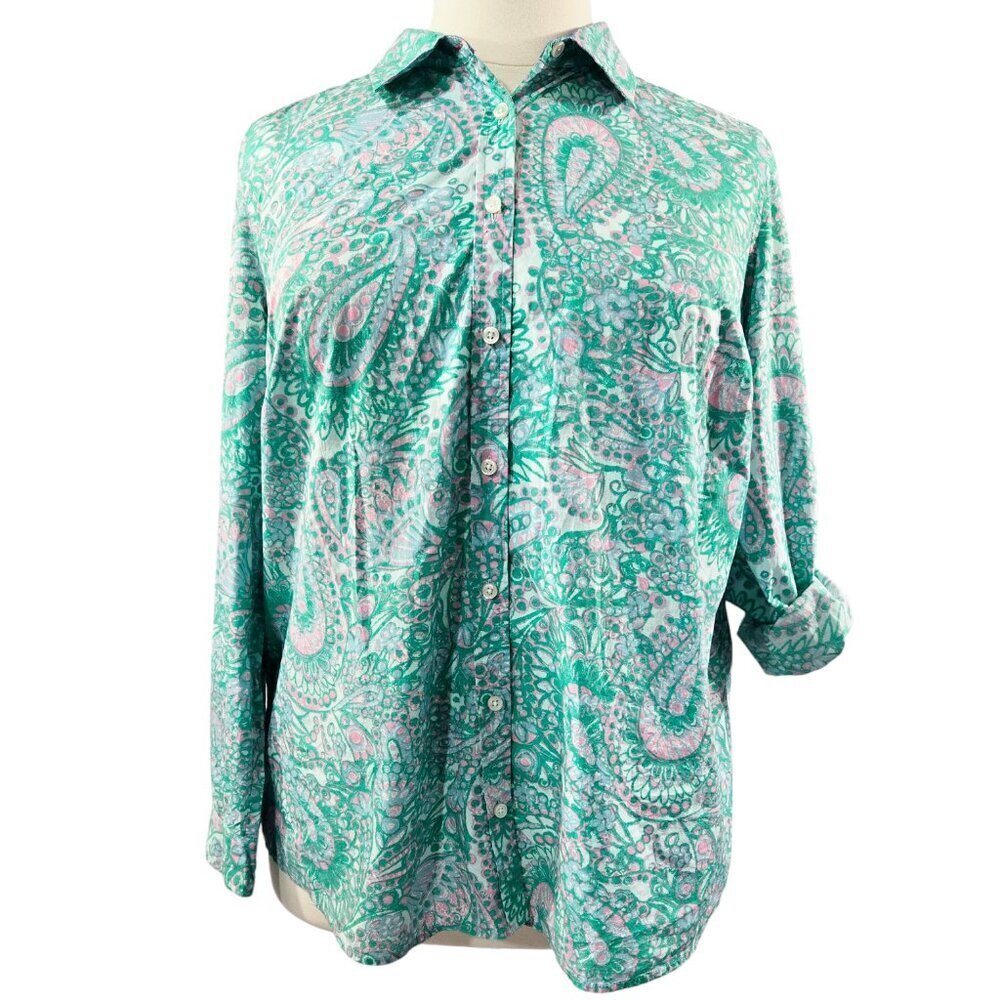 Charter Club Shirt Shop 100% Cotton Green Paisley Roll Tab Sleeve Shirt Boho